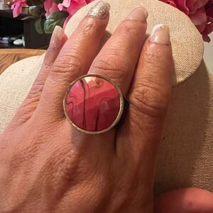 Lia Sophia Jupiter Ring Size 10 Antique Gold Tone Statement Red Swirl Accent